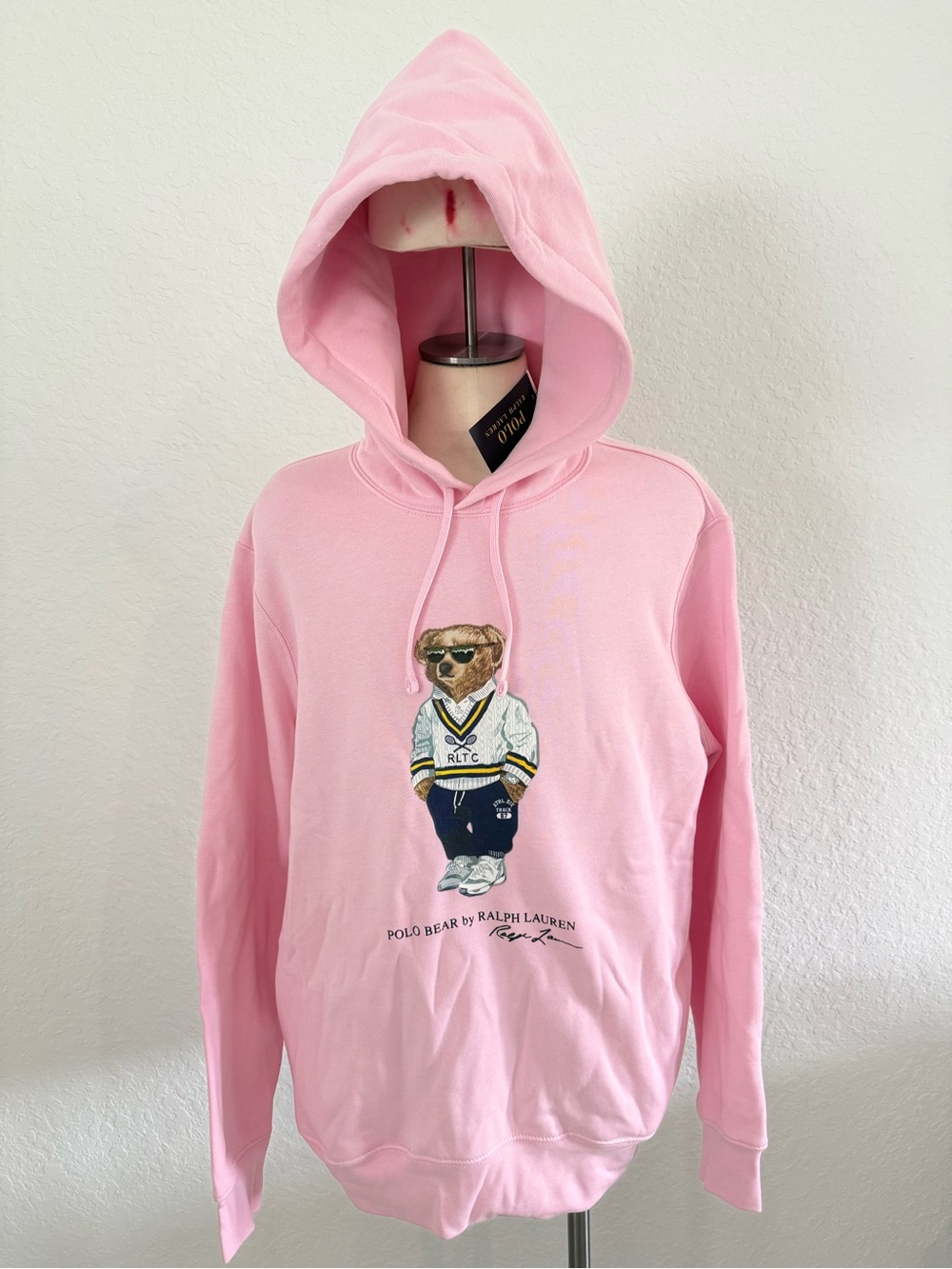 New mens Sz M Ralph Lauren Pink Polo Bear Hoodie